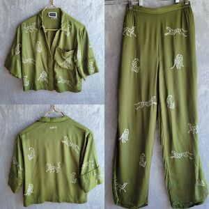 Olive Green Pajama Set with White Leopard Print